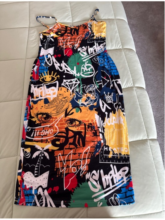 SHEIN Dresses & Skirts - #0237 - Women's SHEIN Graffiti Print Bodycon Dress L Black Multi-color